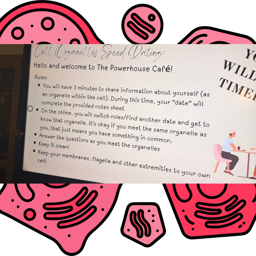 A pink backdrop displays a printed note with "Will Time" and "Speed Dating" on top. A man sits at a desk.