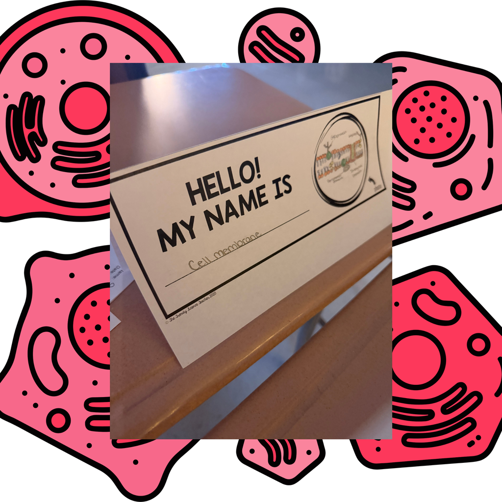 A close-up shows a white card with "HELLO! MY NAME IS" on a desk, surrounded by pink shapes.