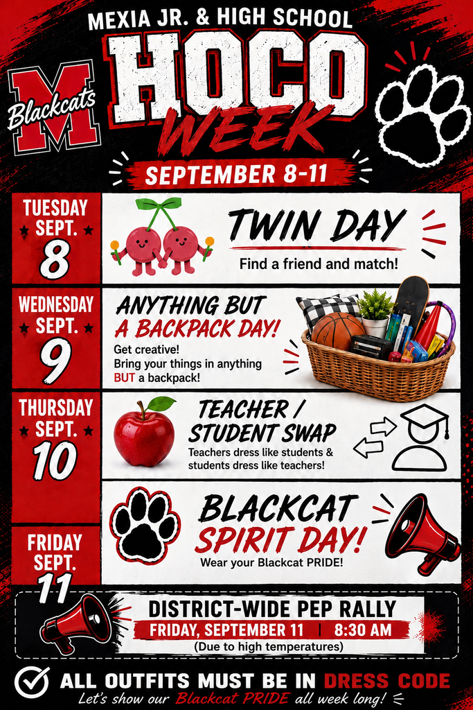A poster with a red and black color scheme promotes Mexia Jr. & High School's HOCO Week, September 8-11.