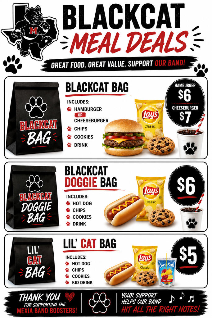Menu flyer with three meal deals. One contains a hamburger, fries, cookies, and a drink. Another has a hot dog, chips, cookies, and a drink. The last has a hot dog, chips, a kid's drink, and cookies.