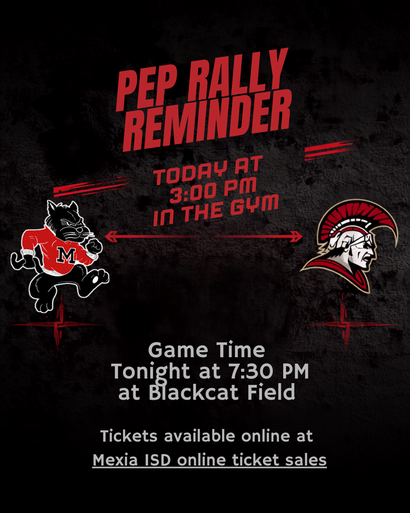 Black background with red and white text and logos. A black mascot and a red logo. "PEP RALLY REMINDER" above "TODAY AT 3:00 PM IN THE GYM".