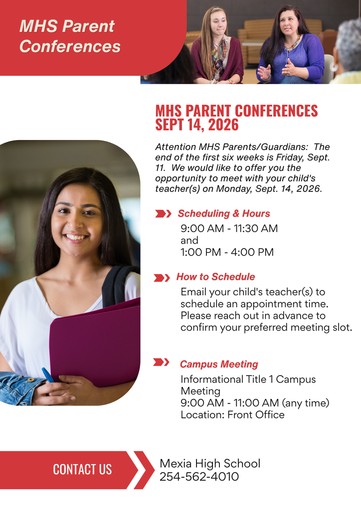 Flyer for MHS Parent Conferences in September. It features a woman with a book and pen, other adults in a classroom, and text with scheduling details.