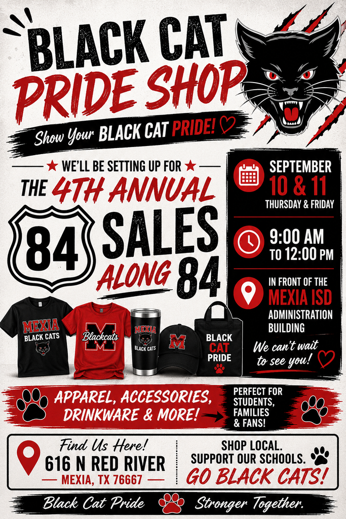 Advertisement for Black Cat Pride Shop featuring cat, merchandise, and details about event date and location.