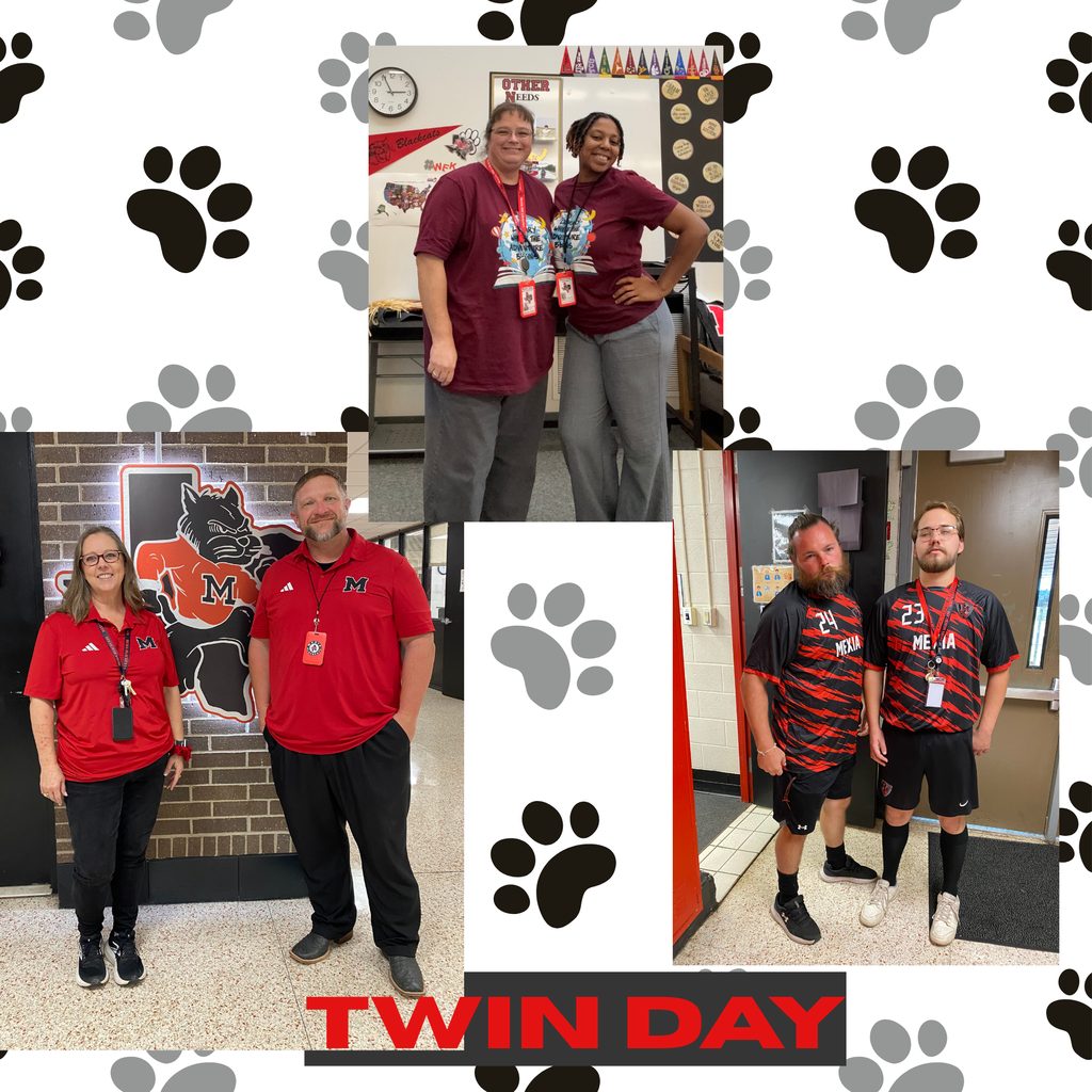 Collage of four people in red and black shirts. Text reads "Twin Day". Background has paw prints.