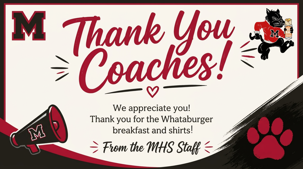 Poster with "Thank You Coaches!" text, red paw print, and megaphone. Logo "M" in top left corner.