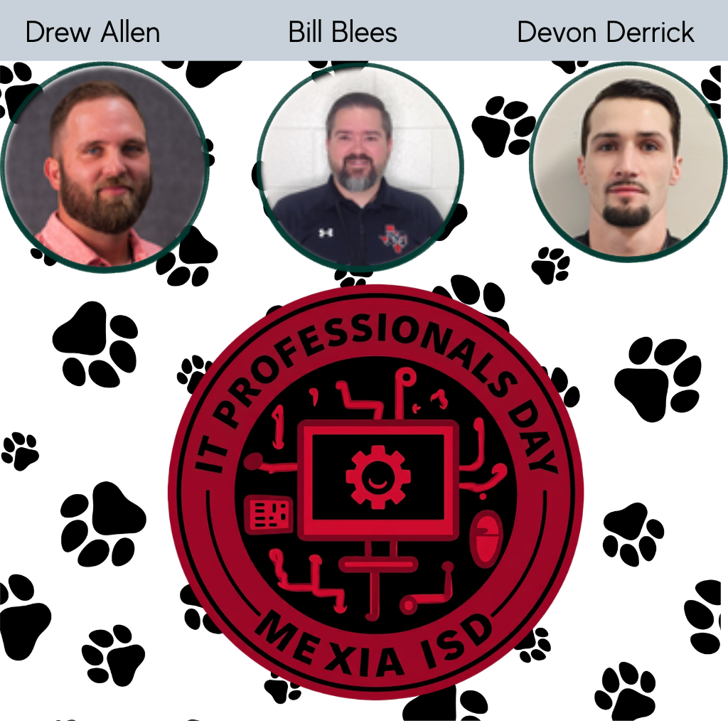 Three men, Drew Allen, Bill Blees, and Devon Derrick, appear in ovals. A paw print pattern and a red logo are in the background.