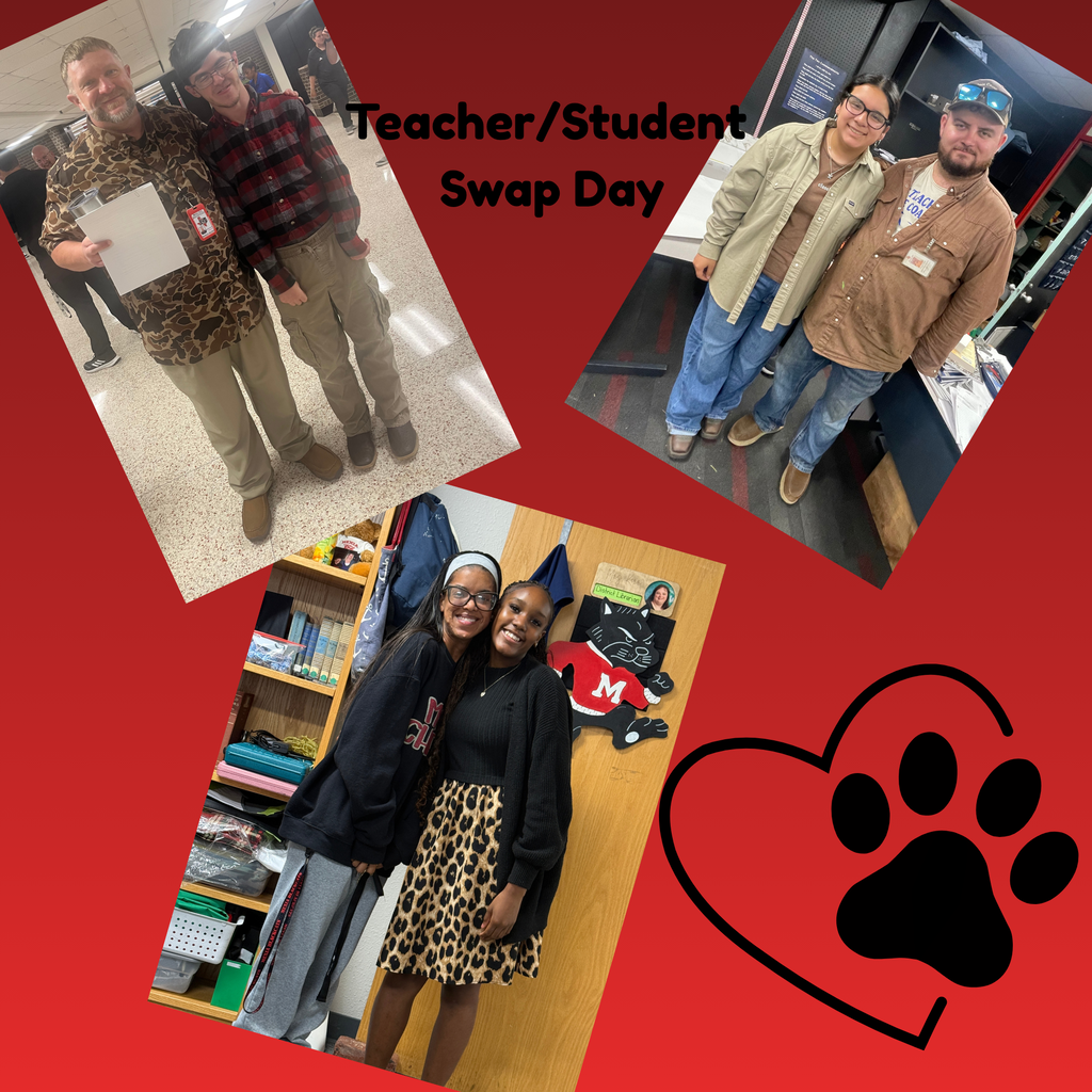 Collage of three images showing people in school settings. Text overlay reads "Teacher/Student Swap Day." A paw print heart in the bottom right corner.