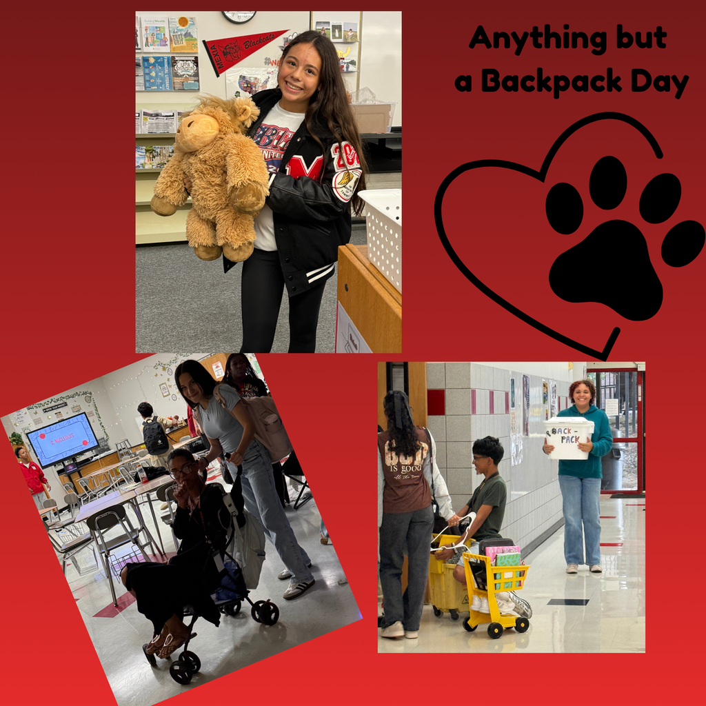 Collage of four photos: girl with teddy bear, people in classroom, woman pushing cart, and children with items. Red background with text "Anything but a Backpack Day."