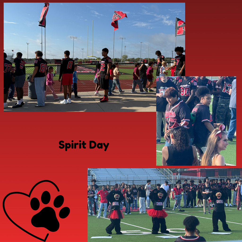 Four images of a school spirit day event on a football field, with various groups of people, flags, and mascots.