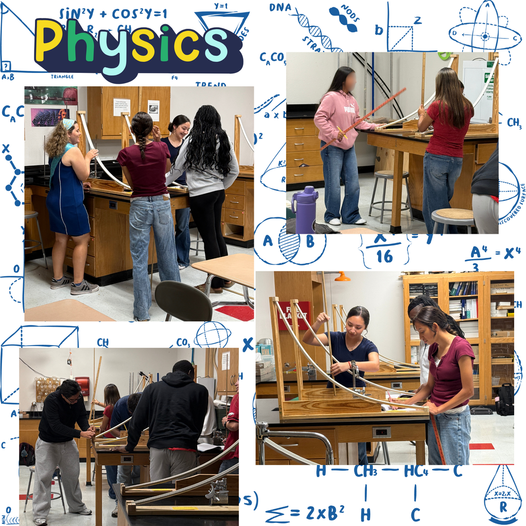 Montage of students in a science lab. They are using a ramp, a ball, and a stick.