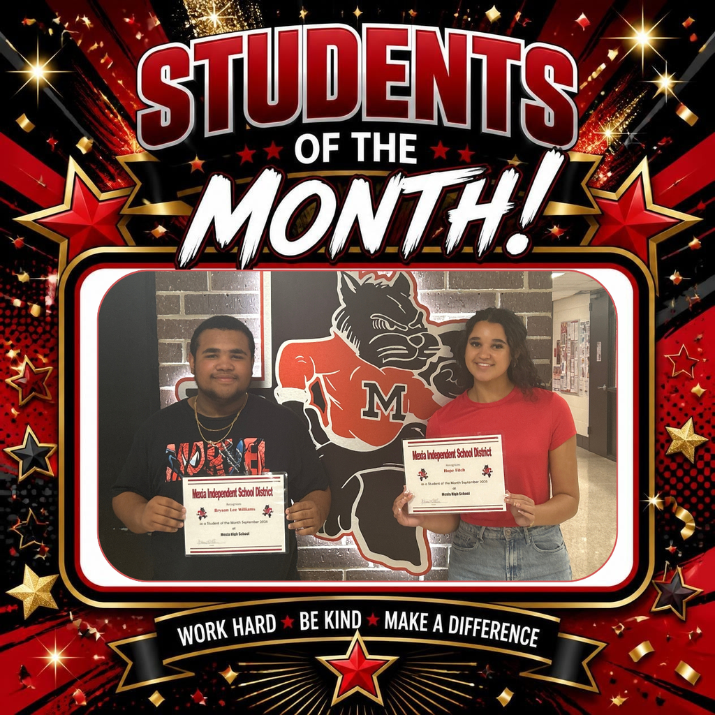 Two people stand in front of a brick wall with a logo, holding certificates. Text reads "Students of the Month!"