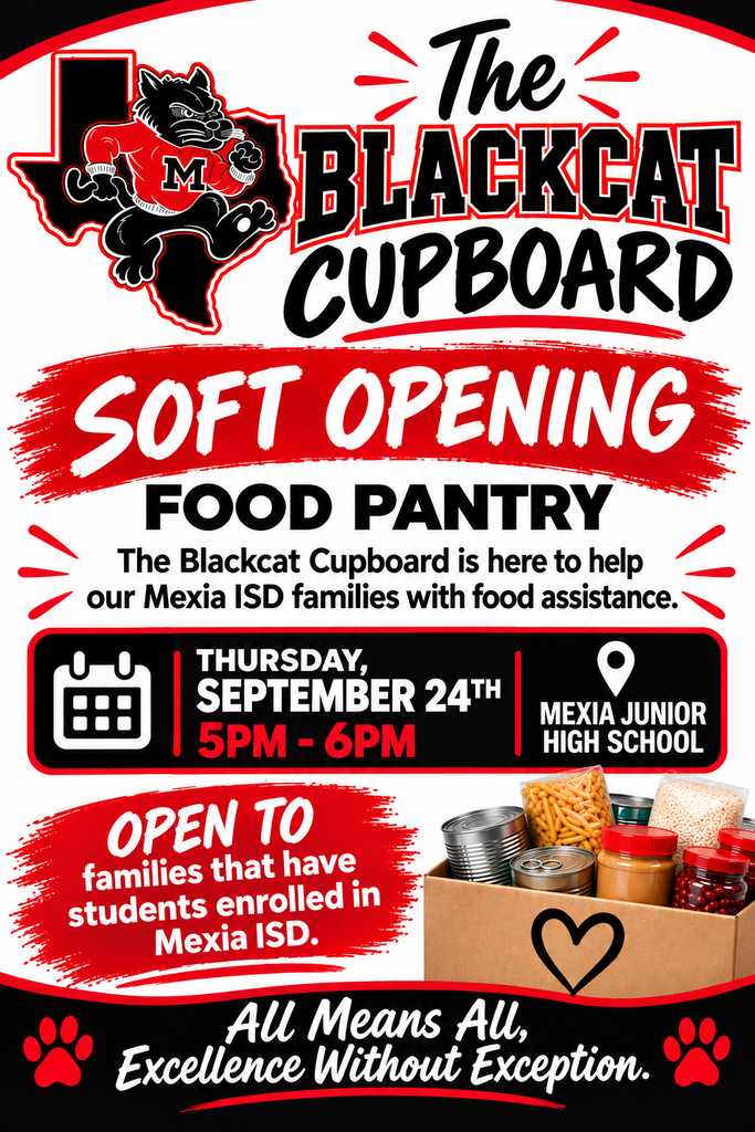 A poster for the Blackcat Cupboard Food Pantry. It says it opens September 24th, 5pm to 6pm at Mexia Junior High School.