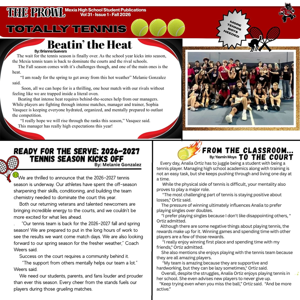 Newspaper article about tennis season with sections like "Beatin' the Heat" and "Ready for the Serve." People standing in a group.