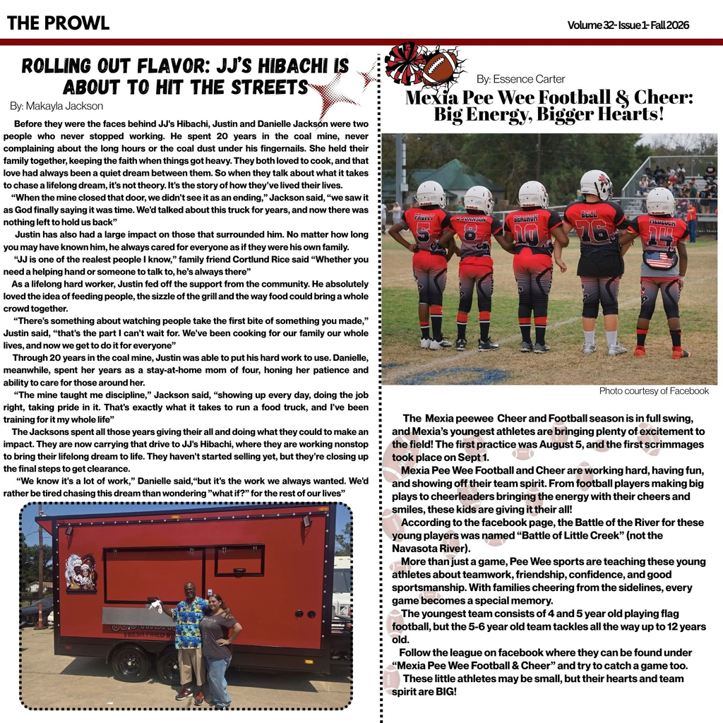A magazine article with text and two photos. One photo shows a food truck. The other shows four football players.