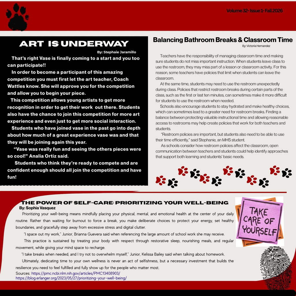 A magazine page with two sections, one on art competitions and one on self-care, with a paw print design and text in bold black font.