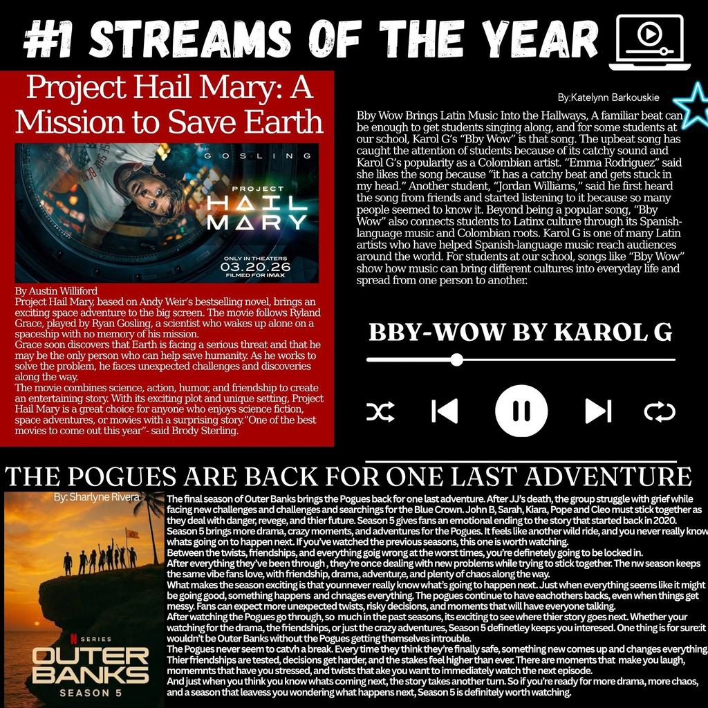 Article about music and movies. A large red star is in the top right corner. Article about music is on the left. Article about movies is on the right.