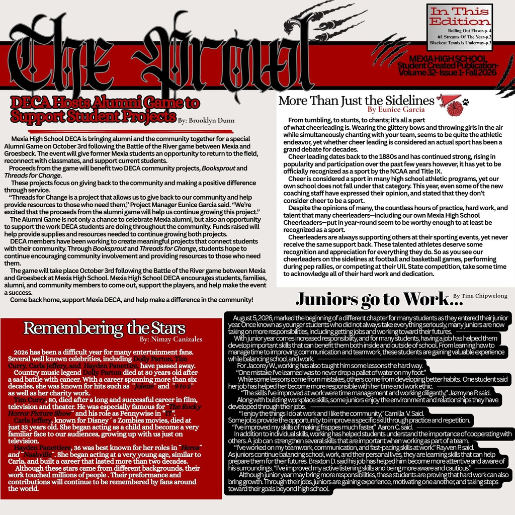 A document with bold text titled "The Survival" and sections on DECA, projects, and remembering stars.