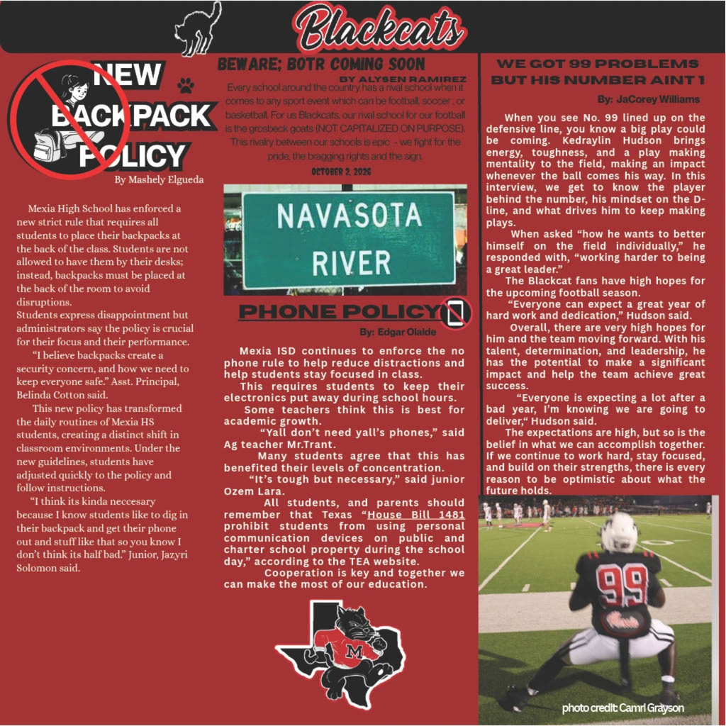 A flyer includes text and images related to school policies, with a person in football gear and a street sign for Navasota River.