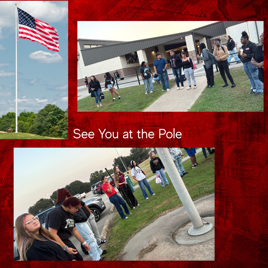 Collage with red borders. Left: American flag, pole, cloudy sky. Center: People by a building. Right: People near pole, car, grass.