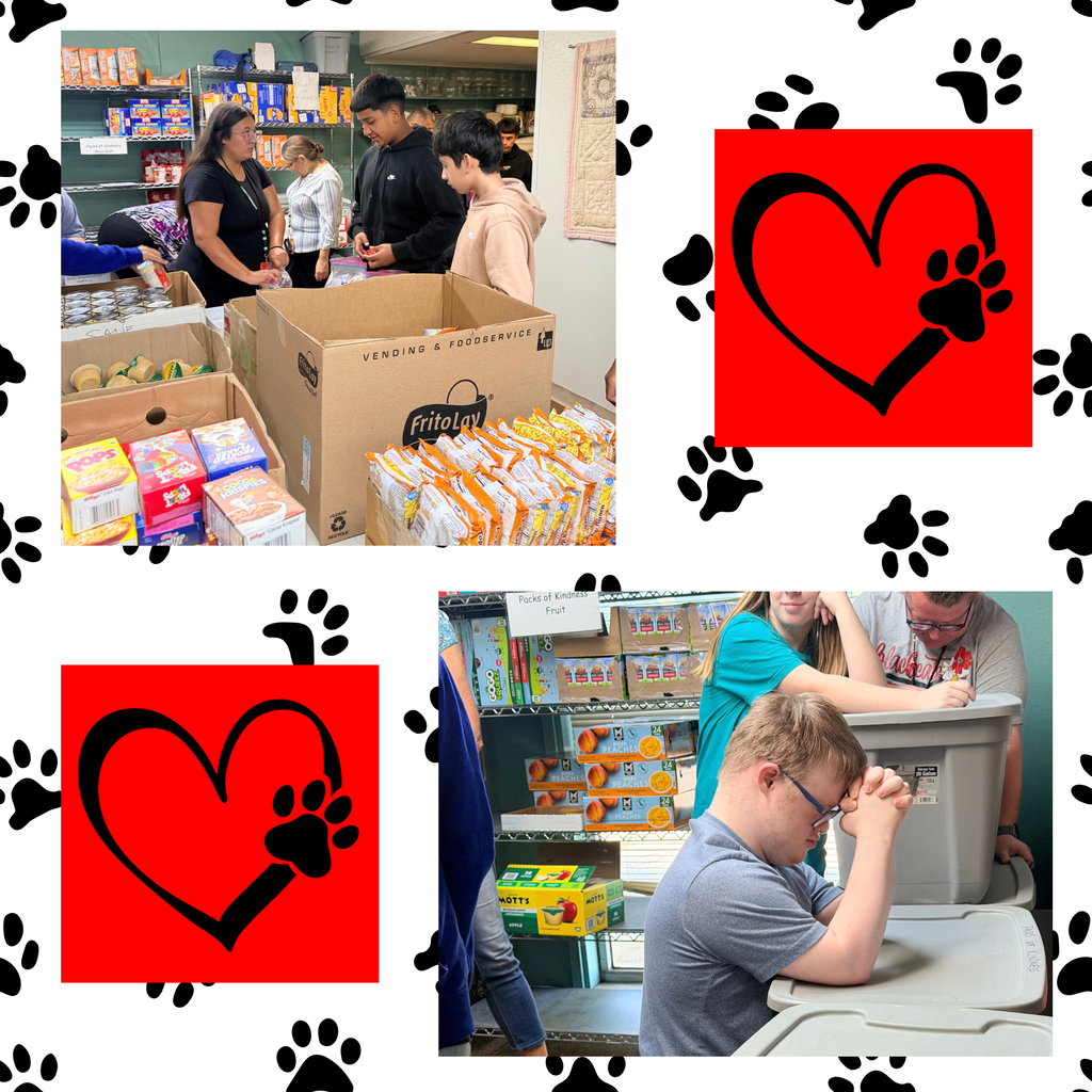 Collage of people in a store. One box of pet food. Paw print and heart. Boy wearing glasses.