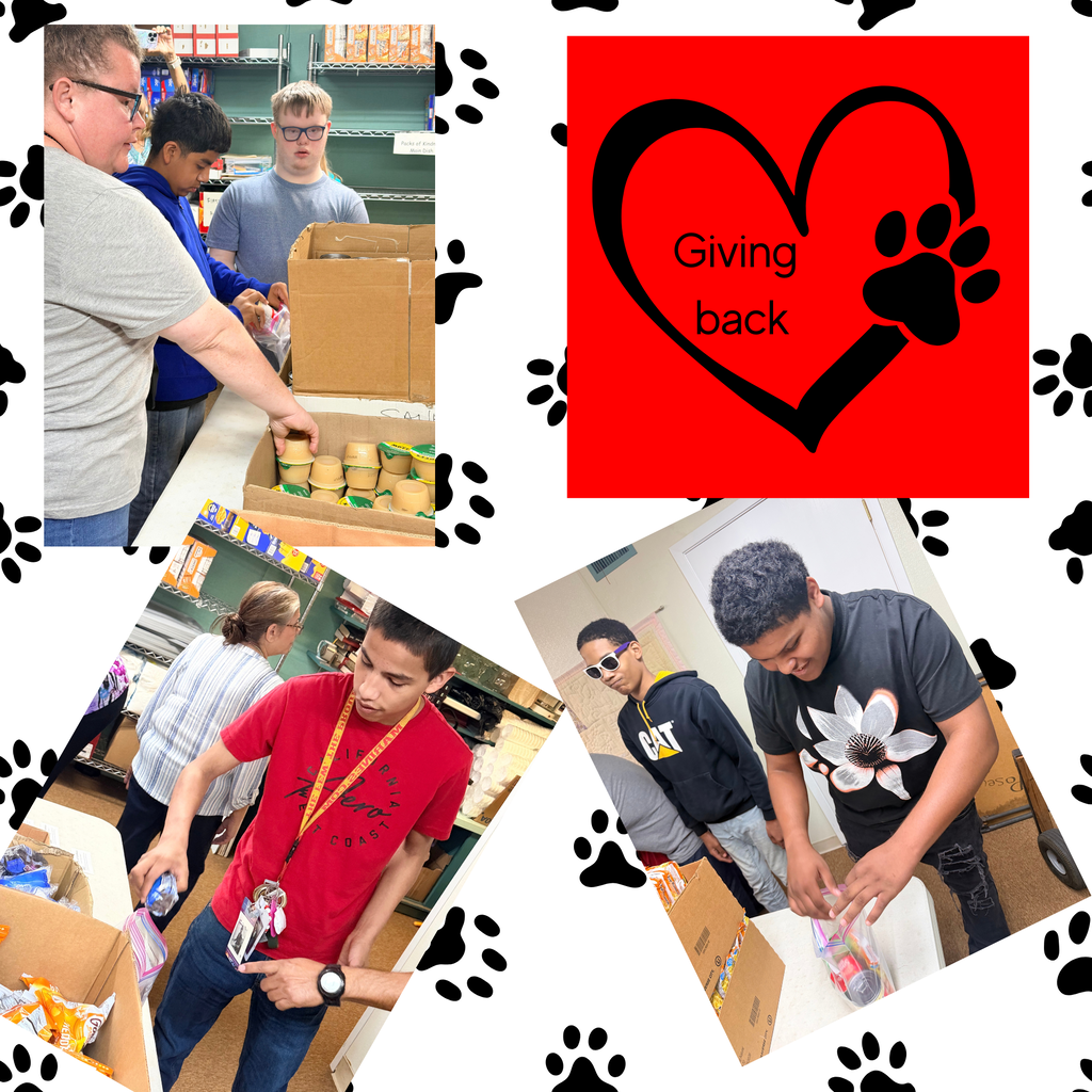 Collage of people in a warehouse. Some are arranging food in boxes. The center displays a heart and text saying "Giving back".
