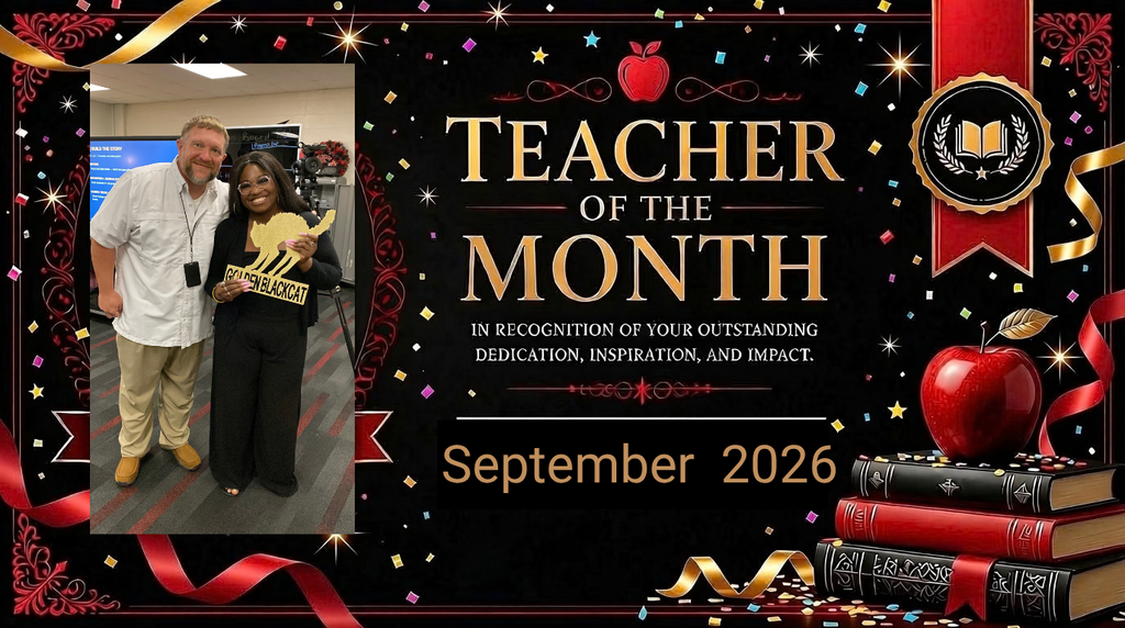 A banner reads "Teacher of the Month" with a photo of two adults. They hold a plaque and stand before a white backdrop.