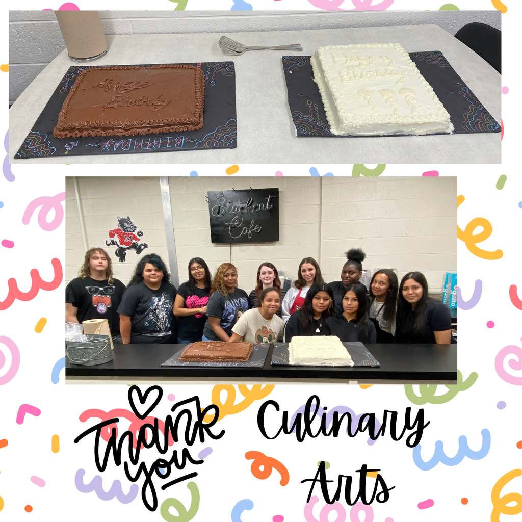 A group of students posing next to a table with cakes. Text reads "Thank you Culinary Arts".