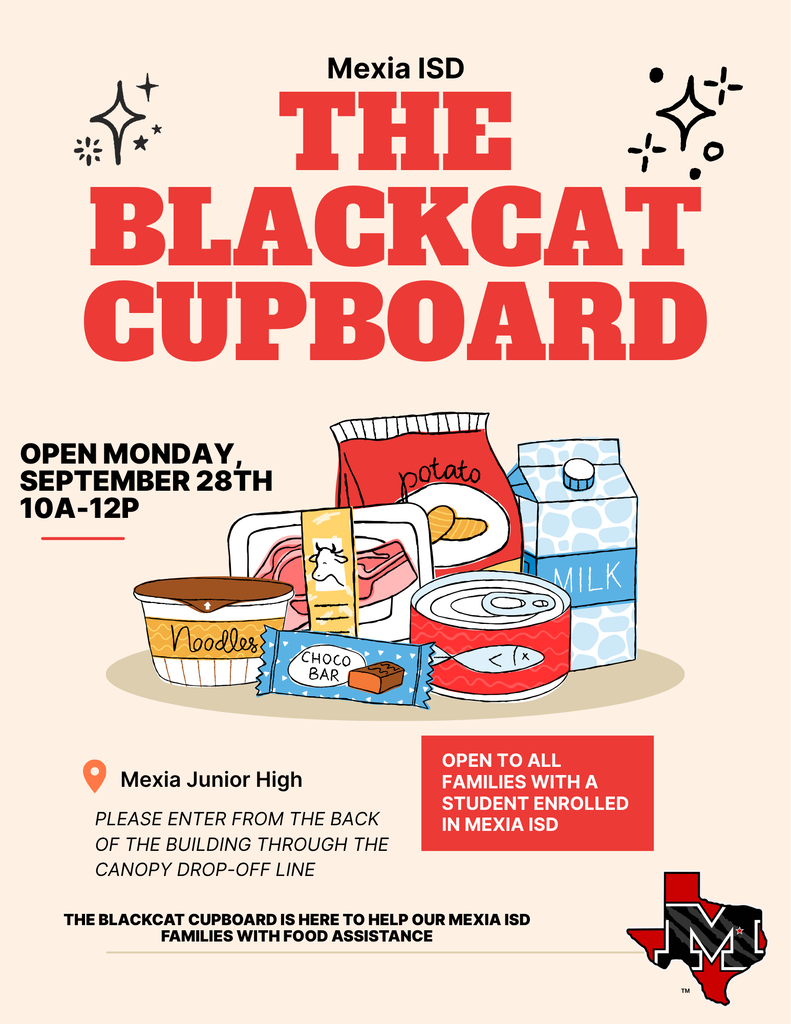 A poster for "The Blackcat Cupboard" at Mexia Junior High. The poster shows food items, a milk carton, and a map.