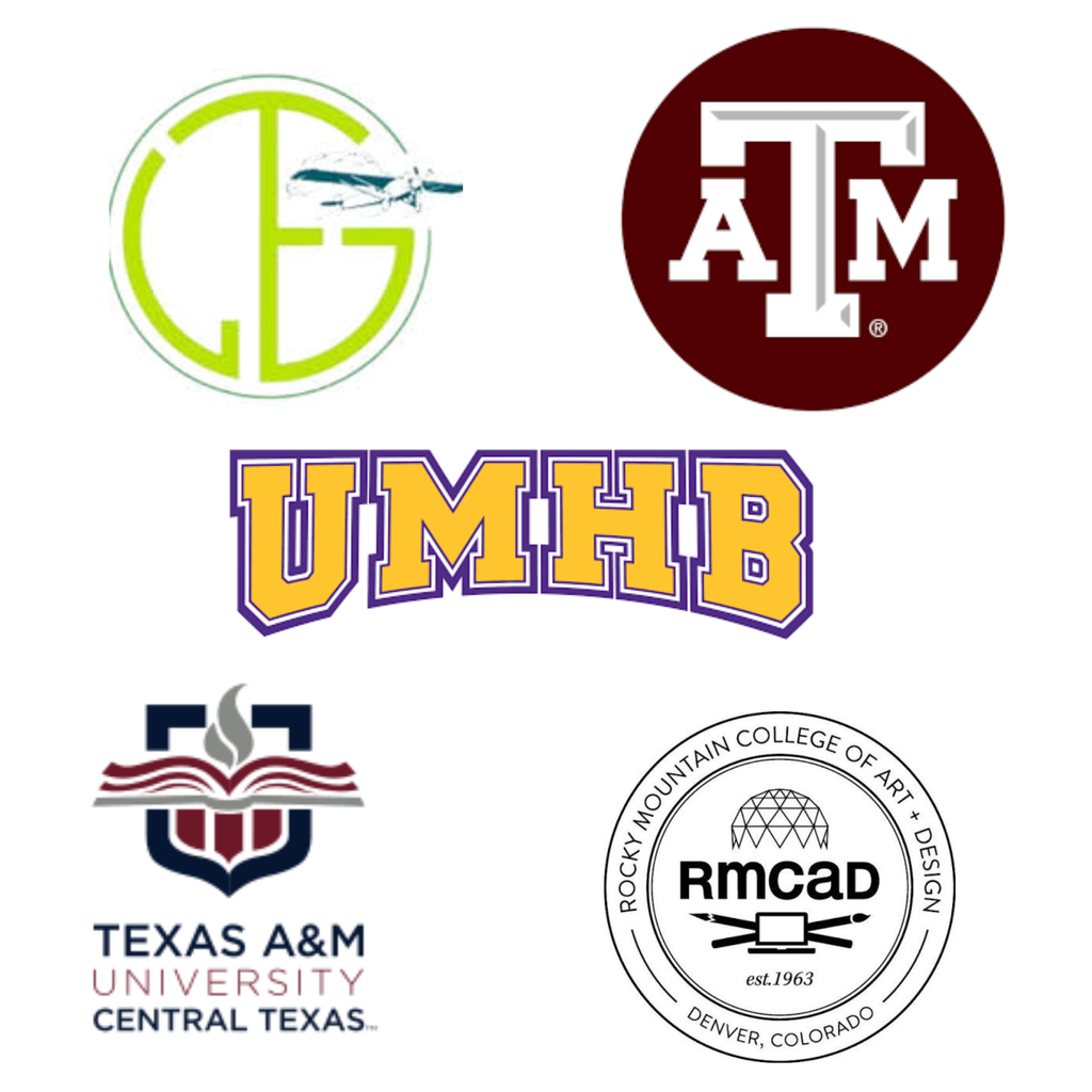 Four logos displayed on a white background. First, green and yellow. Second, maroon and white. Third, blue, purple, and yellow. Fourth, gold and blue.