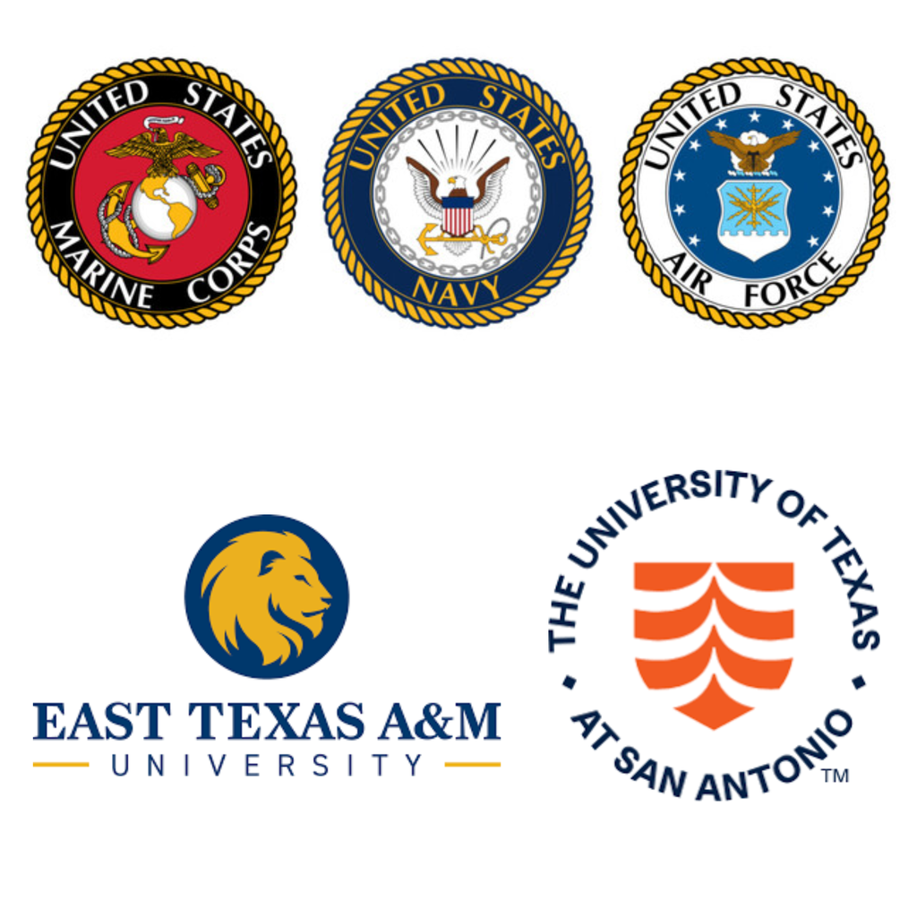 Three military emblems: Marine Corps, Navy, Air Force. Logos for East Texas A&M University and University of Texas at San Antonio.
