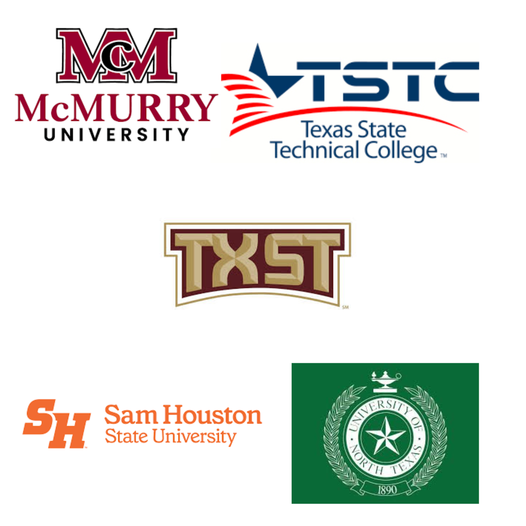 Logos for McMurry University, Texas State Technical College, Texas State University, and Sam Houston State University.