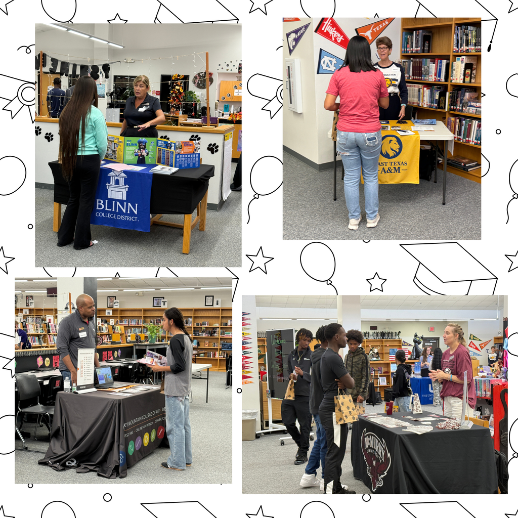 Four collage images of people in a library. Each has a table with books, pamphlets, or flyers.