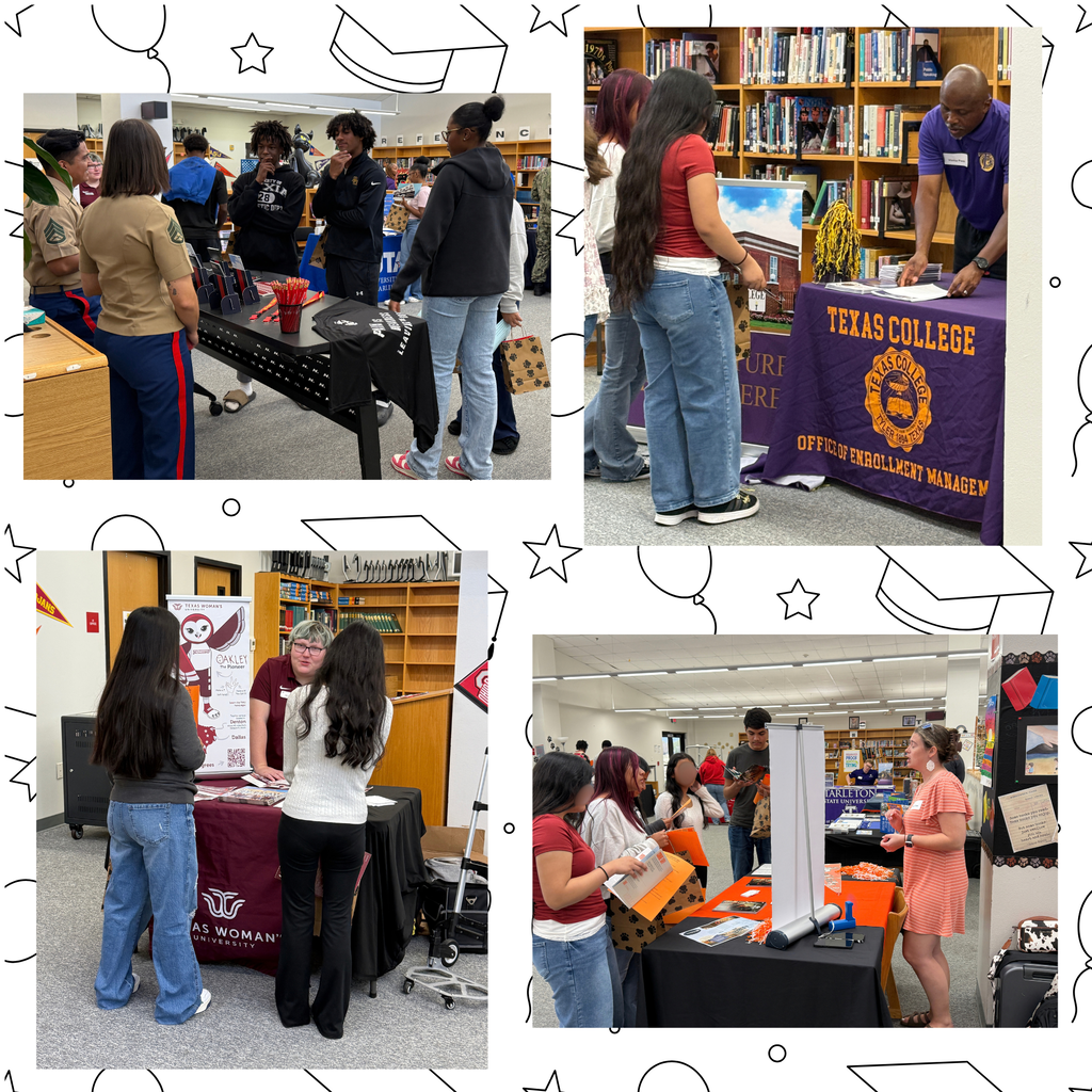 Four panels depict people at a college fair, engaging with representatives from different booths. Each panel shows a different group of individuals.