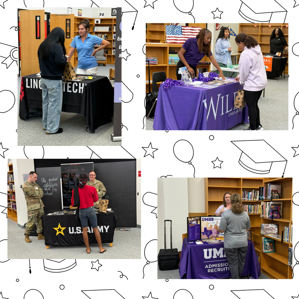 Collage of four photos. Each photo shows people at a table. One table has US Army branding. Another has a purple banner.