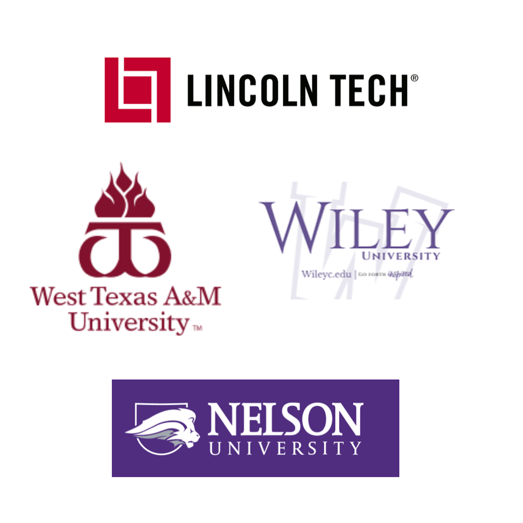 Four logos on a white background. Logos include Lincoln Tech, West Texas A&M University, Wiley University, and Nelson University.