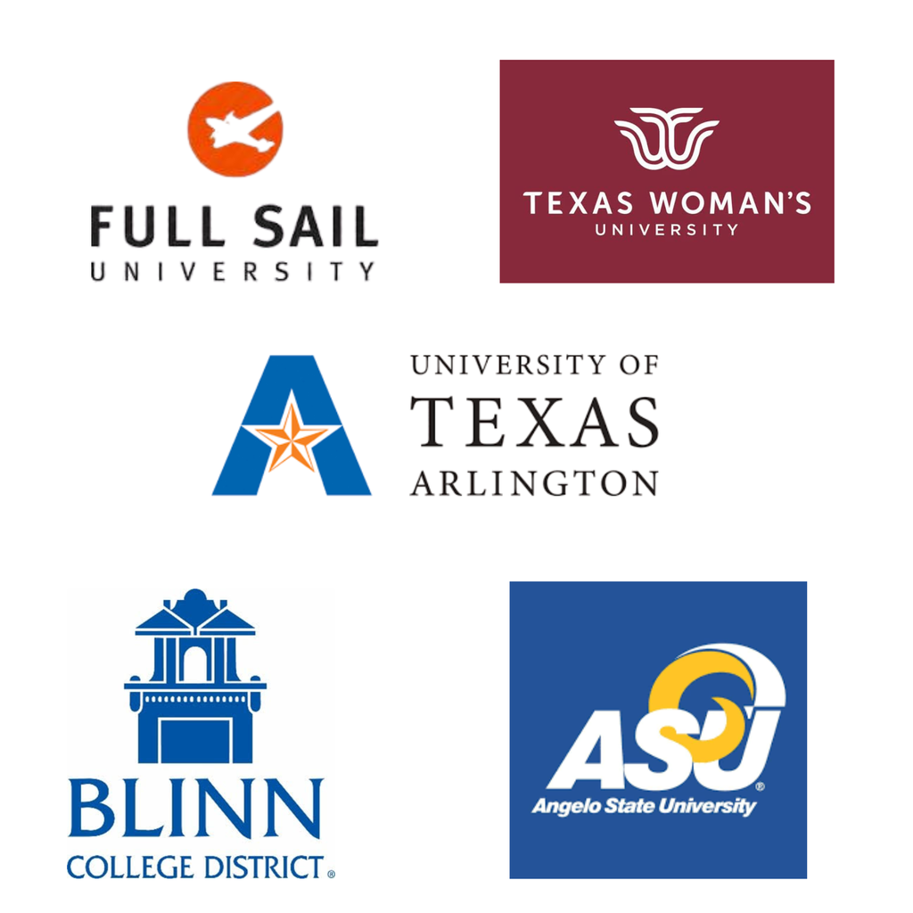 Logos of five educational institutions. Left: Full Sail University. Center: Texas Woman's University. Right: University of Texas at Arlington. Below: Blinn College District, ANGELO State University.