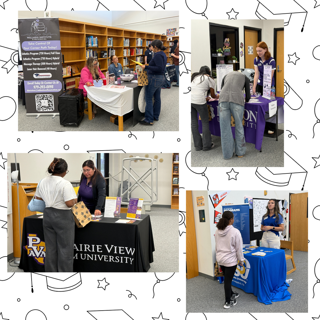 Collage of four photos with people at tables. A sign on each table says "Fair View University".