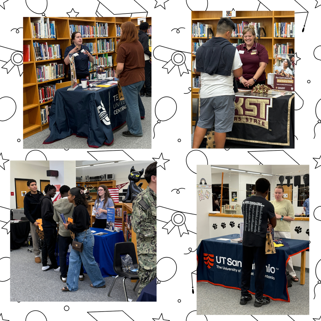 Collage of four photos showing people in a library. Each photo shows people at a table with a blue cover.