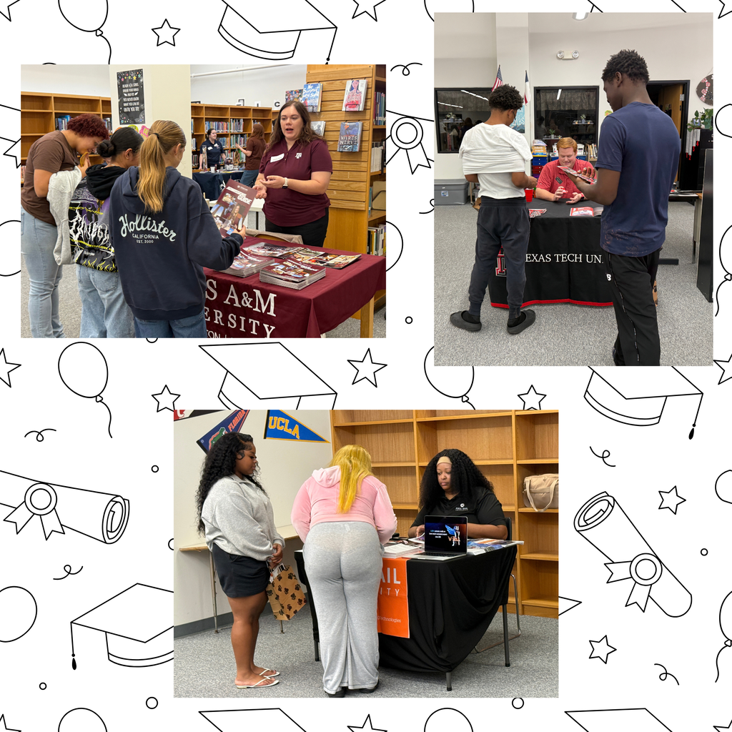 Collage of three images of people at a table with information, one standing and talking to another person.
