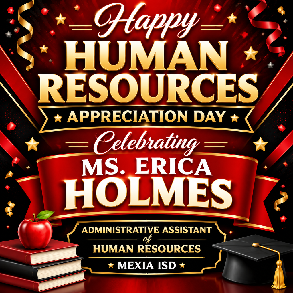 Bright red and gold background with text reading "Happy Human Resources Appreciation Day Celebrating Ms. Erica Holmes". Books, apple, and graduation cap.