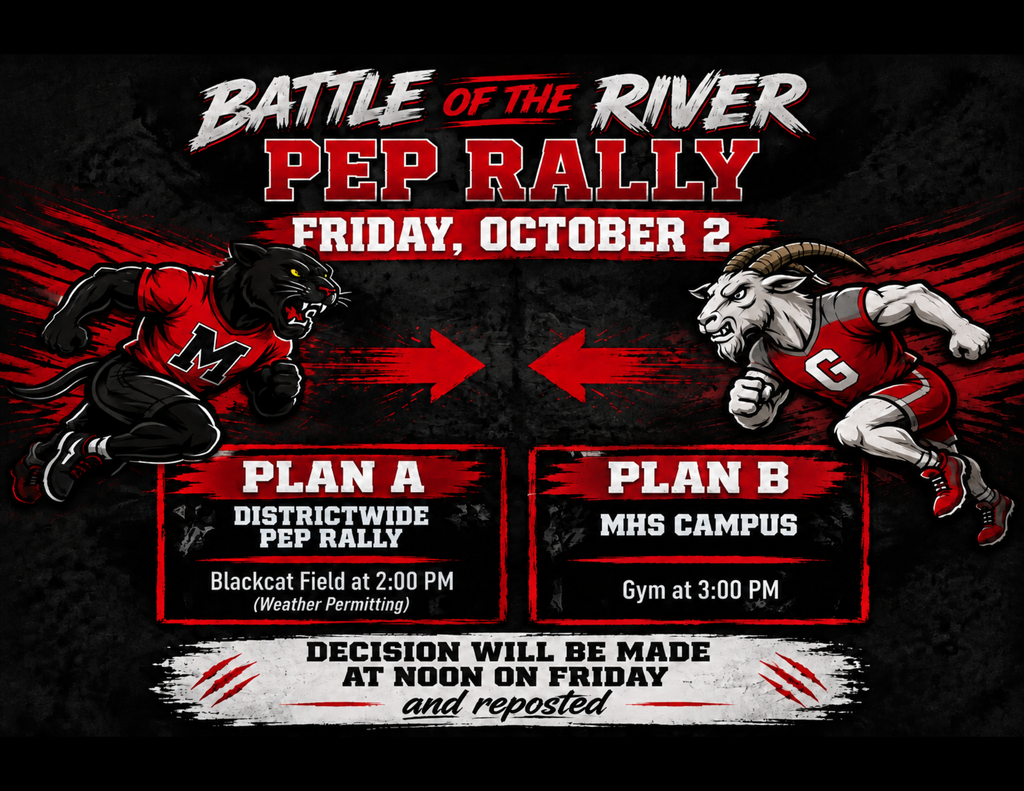 Black background with red and white text. Two running figures with team logos. "Battle of the River Pep Rally" at top. Two plans listed.