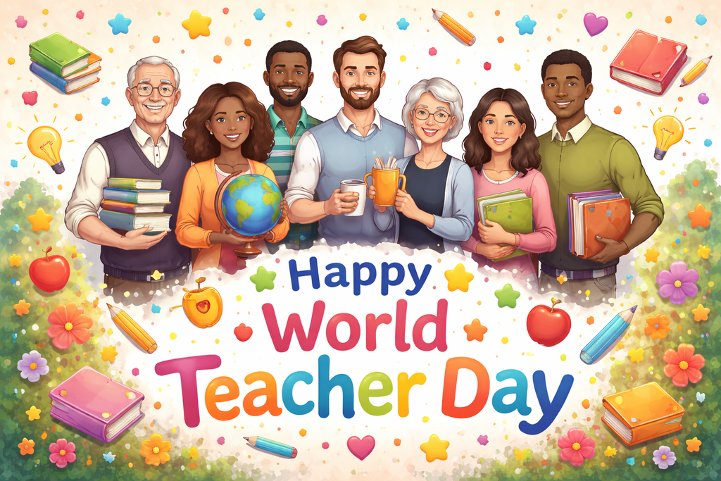 Diverse group of teachers holding globes, books, and pencils. Bright background with flowers, apples, and stars. Text reads "Happy World Teacher Day".
