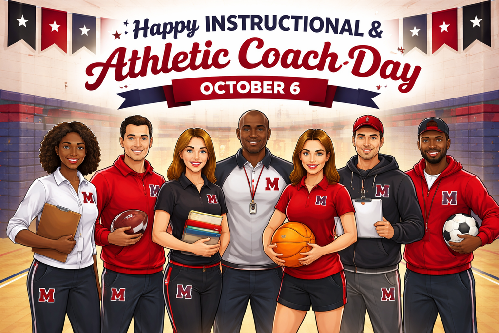 Illustration of multiple people in sports attire standing together. Some hold sports equipment. Text reads "Happy Instructional & Athletic Coach Day, October 6".