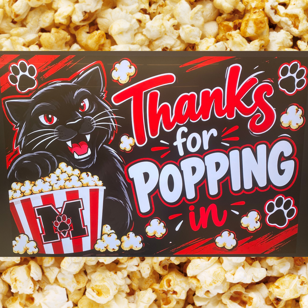 Black cat over popcorn, with "Thanks for Popping In" text. Background is yellow and white popcorn.