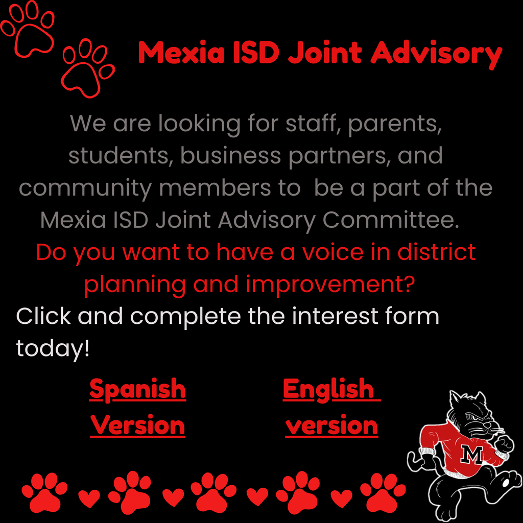A black background with red paw prints. Text reads: "Mexia ISD Joint Advisory." Below it, there are options for Spanish and English versions.