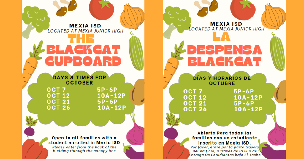 Flyers for Blackcat Cupboard, with dates and times in October. One flyer has green vegetables; the other has red vegetables.