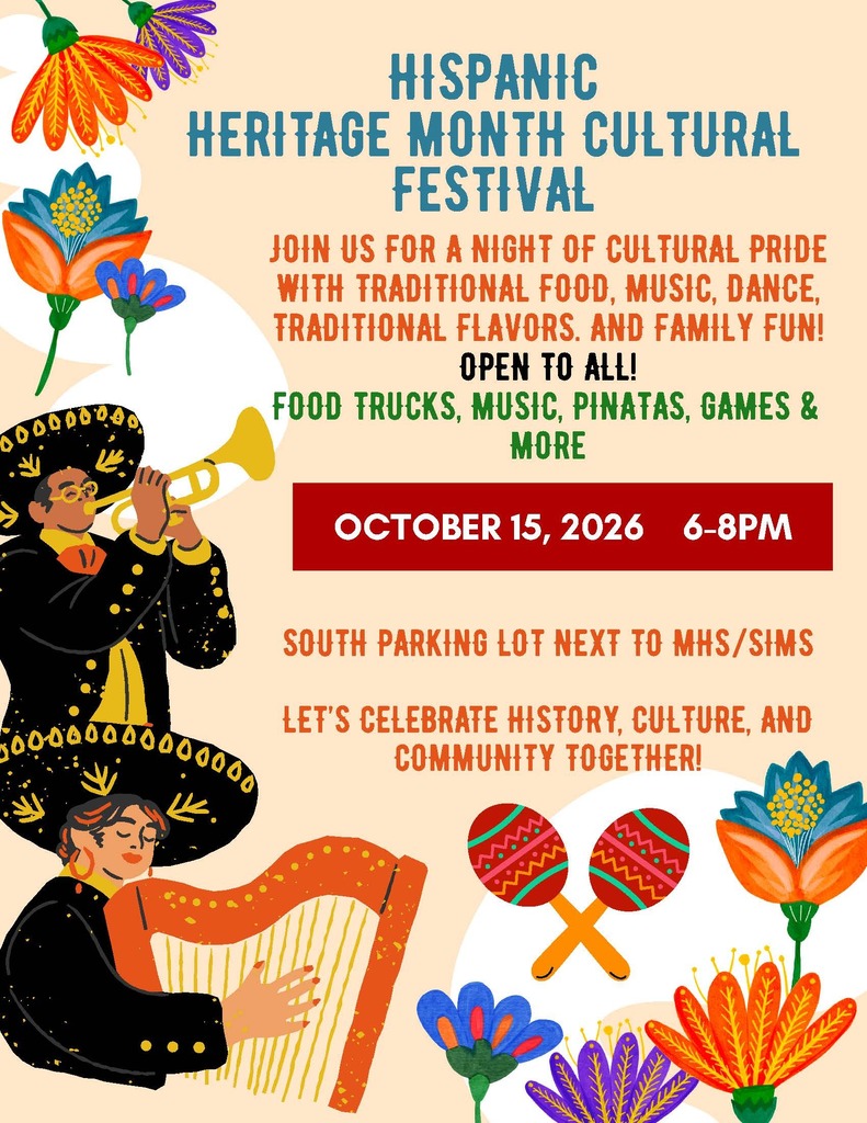 Festival poster features two musicians, one playing a trumpet and the other playing a harp, surrounded by flowers and a band logo.