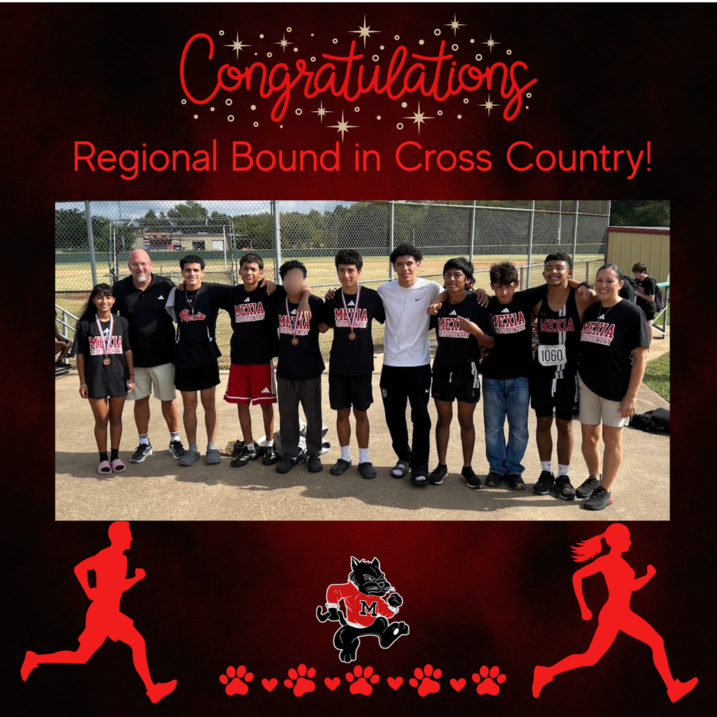 A team of athletes, wearing medals, stand together in a field. Text reads "Congratulations! Regional Bound in Cross Country!"