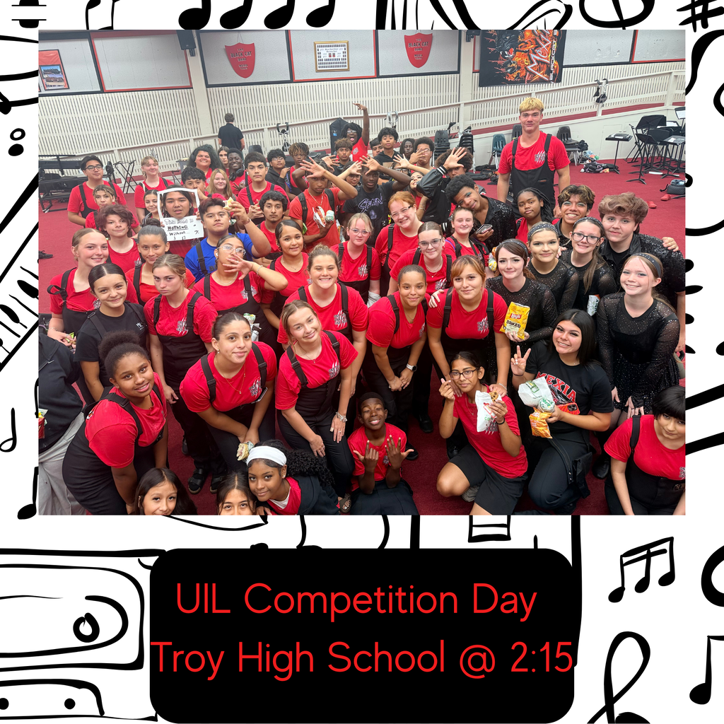 A group of people in red shirts, posing together. Background shows music notes and a text overlay with event details.