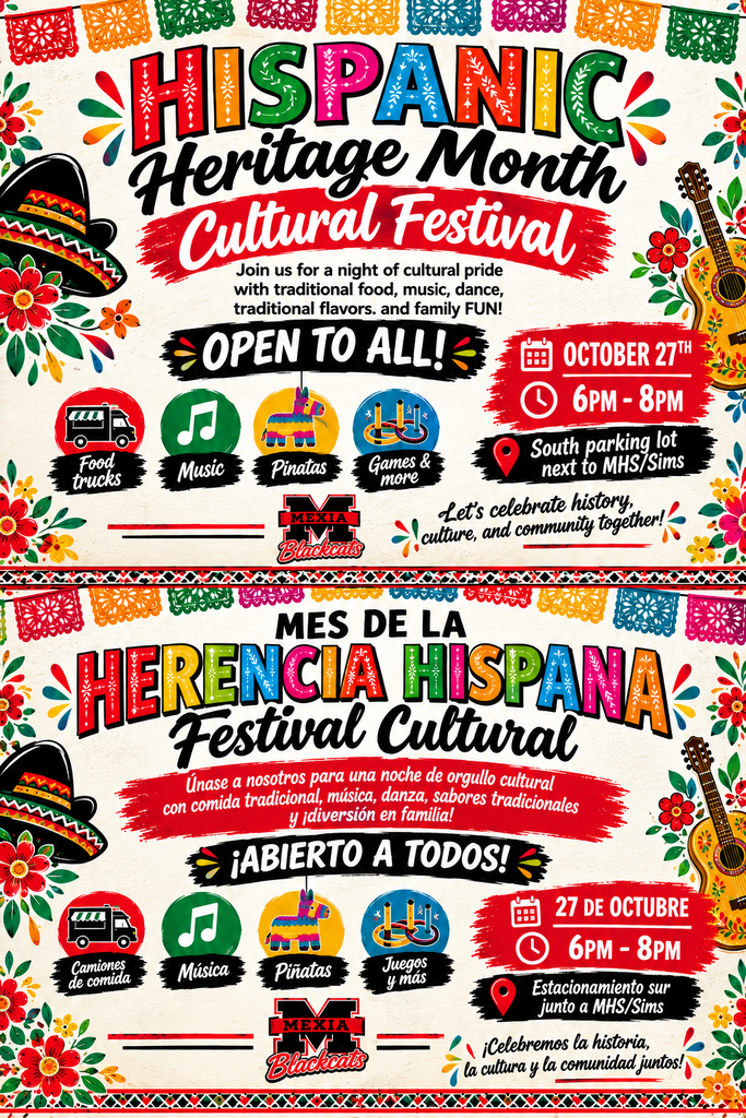 Bilingual flyer with vibrant colors, images of sombreros, guitars, and food trucks. Events for Hispanic Heritage Month, featuring food, music, and games, open to all.